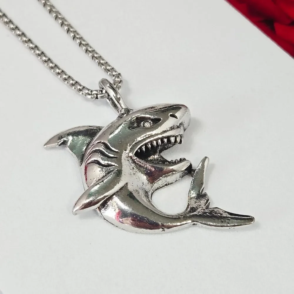 Silver Shark Pendant Necklace Stainless Steel Ocean Statement Box Chain Surfer